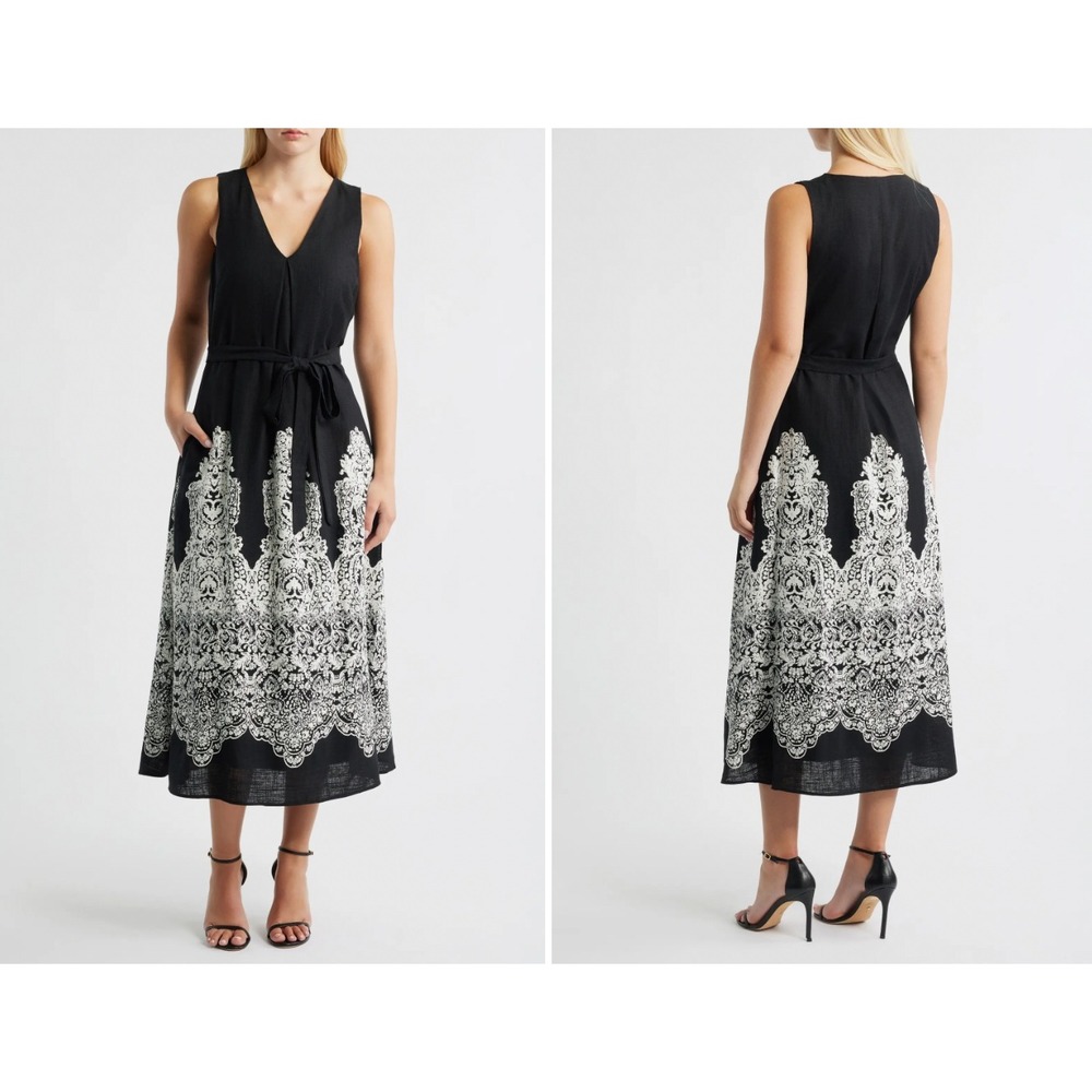 Halogen Black Sleeveless V Neck Midi Dress Lace Print Belted Size 1